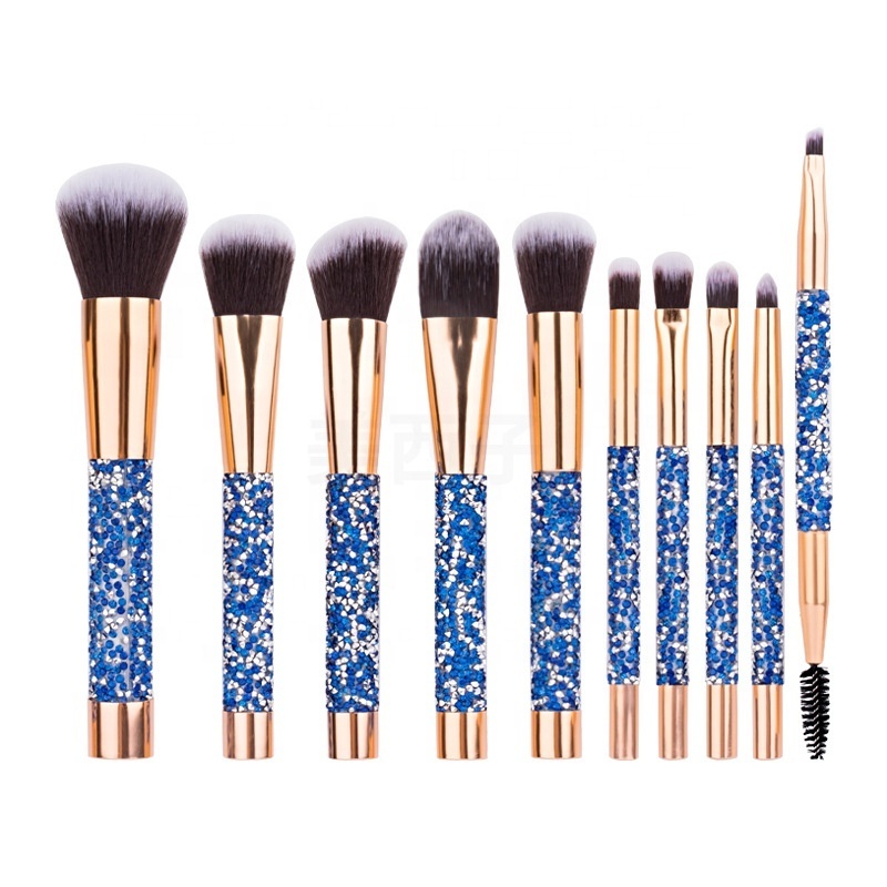 Rose golden Glitter Handle 10pcs crystal diamond foundation brush set with PU bag makeup brushes