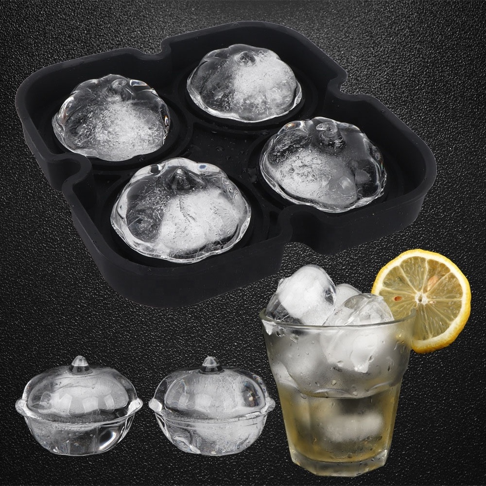 4 Cavity 3D Three-Dimensional Mould Large Whisky Ice Ball Cube Tray Mold Easy Release Round Silicone Portable Ice Maker with Lid