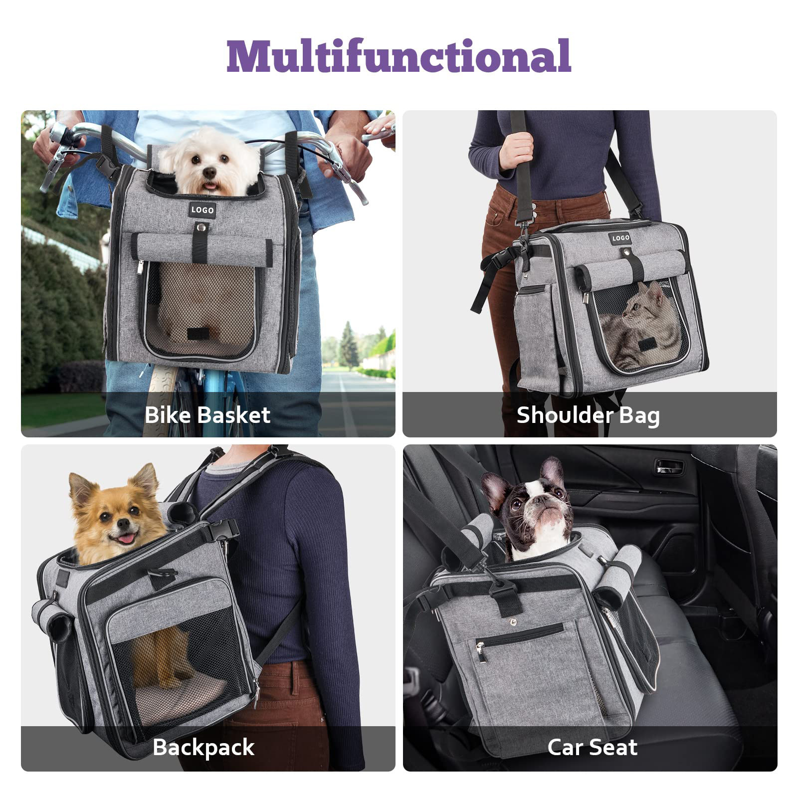 2023 Expandable Soft-Sided Pet Carrier Backpack with 4 Open Doors 4 Mesh Windows Bike Basket for Small Dog Cat Puppies