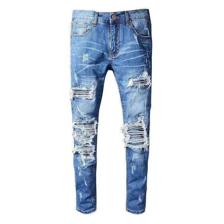 Foreign trade New Men's Jeans Chaopai StreetStyle Blue Slim Fit Destroyed Ripped Small feet patchDenim Pants