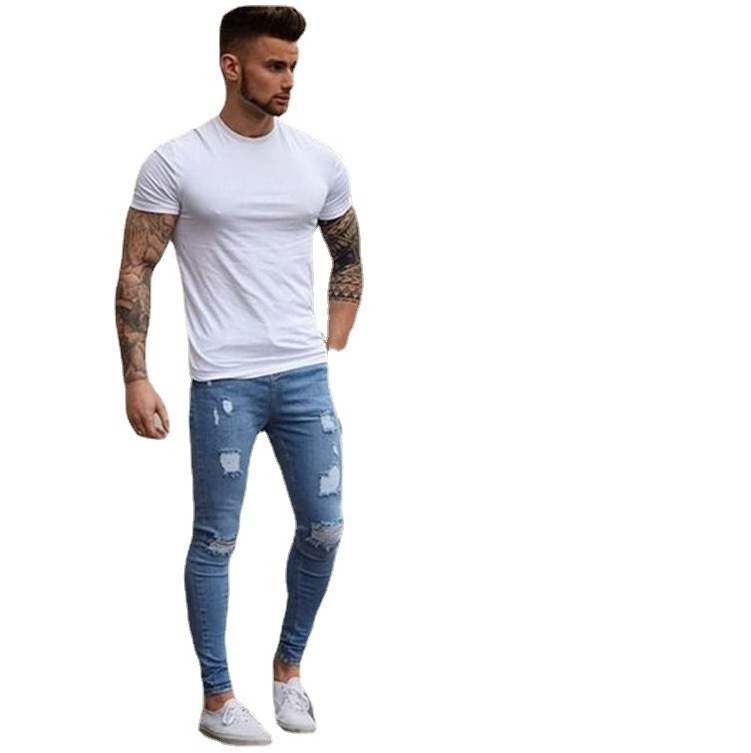 2024 new polished white worn small feet slim jeans wholesale European and American men's skinny denim turkey products