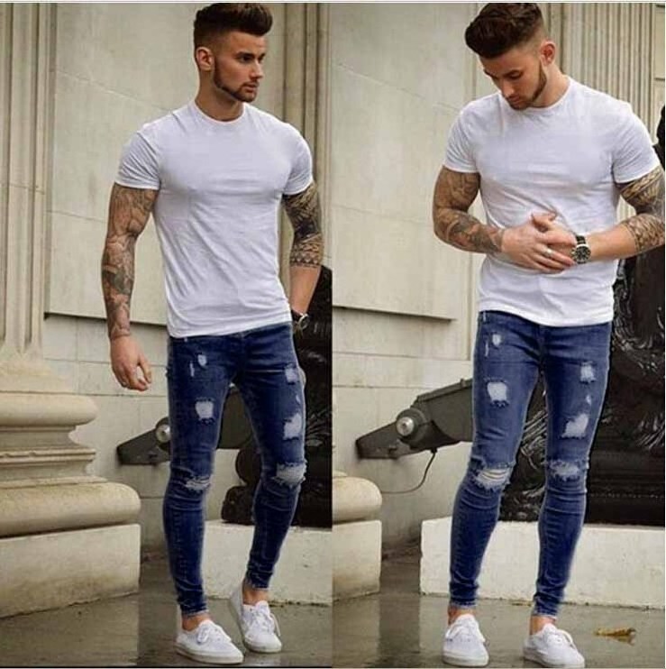 2024 new polished white worn small feet slim jeans wholesale European and American men's skinny denim turkey products