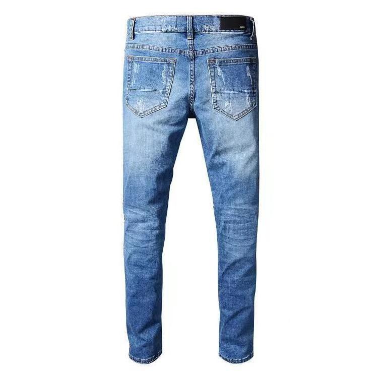 Foreign trade New Men's Jeans Chaopai StreetStyle Blue Slim Fit Destroyed Ripped Small feet patchDenim Pants