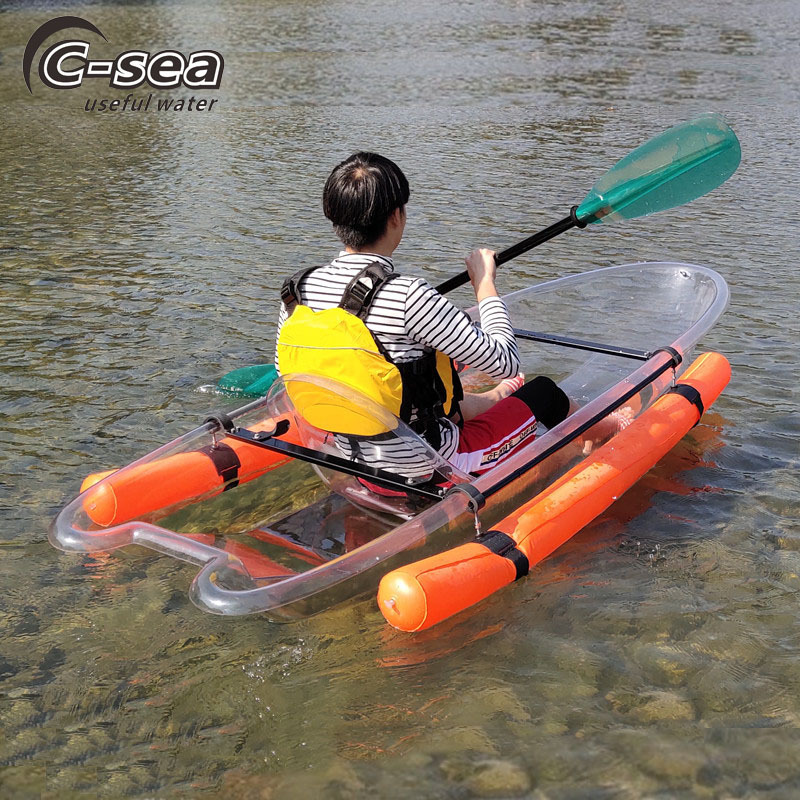 single sit in polycarbonate canoe kayak with transparent seat and paddle