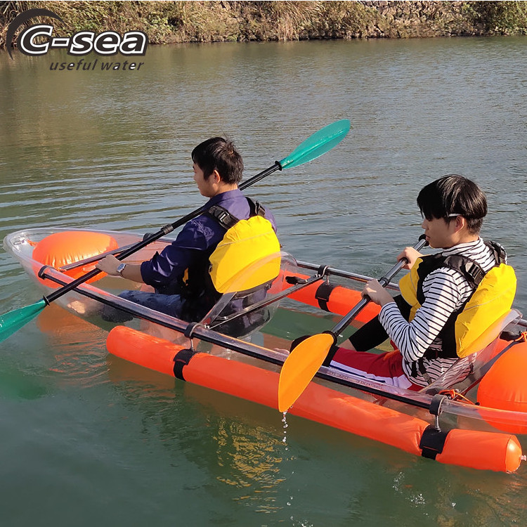 single sit in polycarbonate canoe kayak with transparent seat and paddle