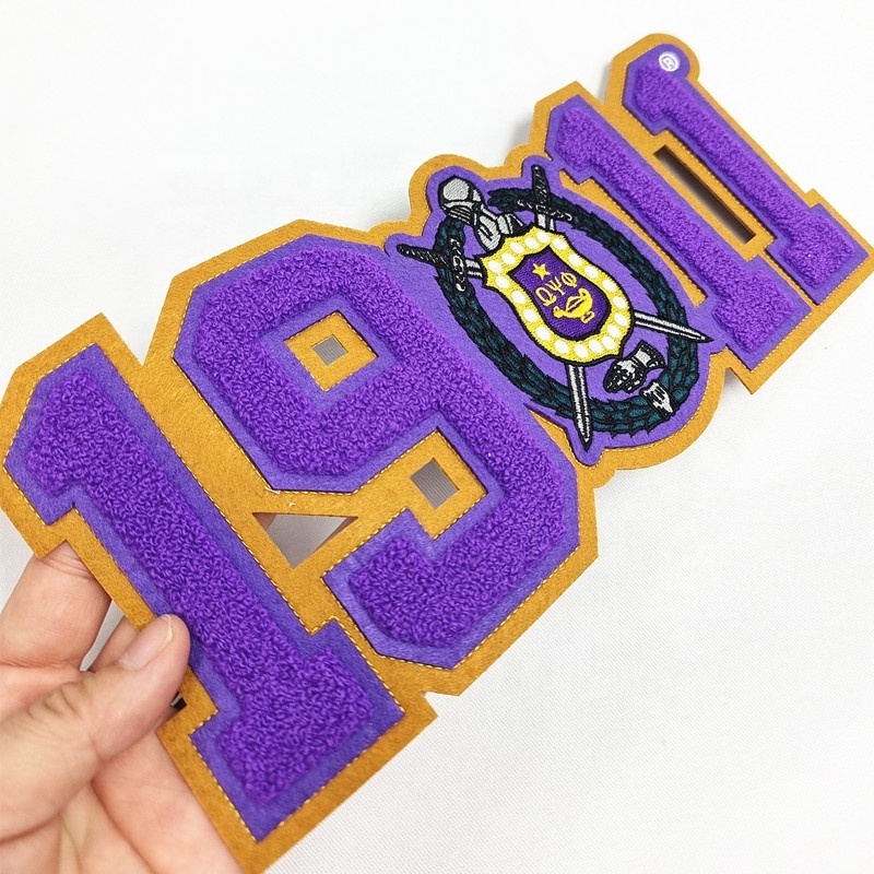 Fraternity Chenille Embroidered Shield Patch Custom Purple Sorority Chenille iron Patches for Jacket Hoodie