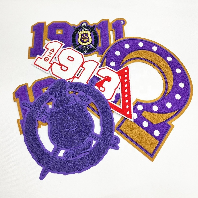 Fraternity Chenille Embroidered Shield Patch Custom Purple Sorority Chenille iron Patches for Jacket Hoodie