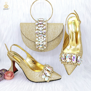 Elegant Three Dimensional Bag And Ladies High Heel Shiny Material With Big Rhinestones For Nigerian Wedding Party