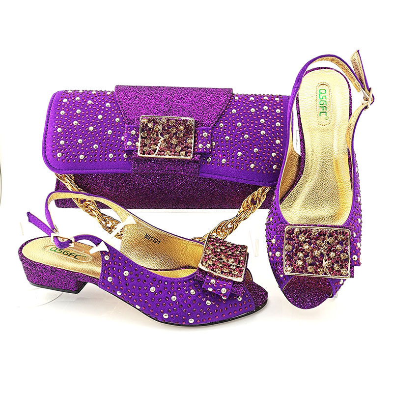 New arrivals African metal flakes and rhinestone appliques Peep toe Lady shoes and bag with low heel in party and wedding