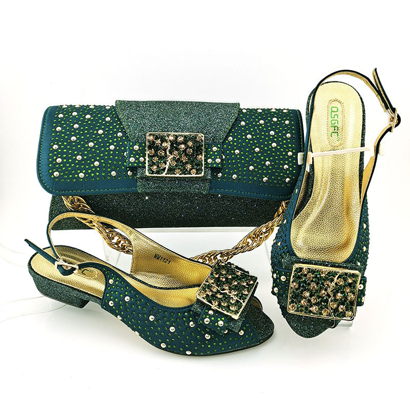 New arrivals African metal flakes and rhinestone appliques Peep toe Lady shoes and bag with low heel in party and wedding