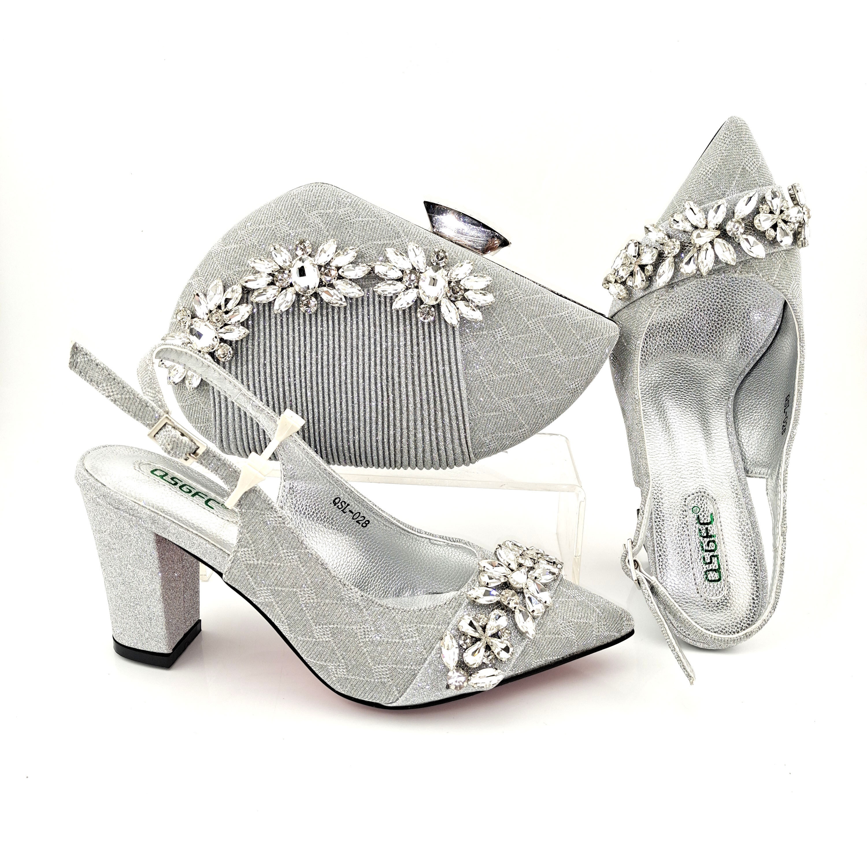 Hot Selling Nigerian Elastic Elegant Luxury High Quality Design Cut Crystal Embellished Women's Shoes and Clutch Bag