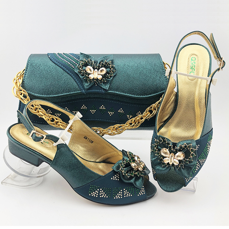 Newest Crystal Butterfly Metallic Decoration Design Nigeria Best Selling Green Open Toe Heels Party Ladies Shoes Bag Set