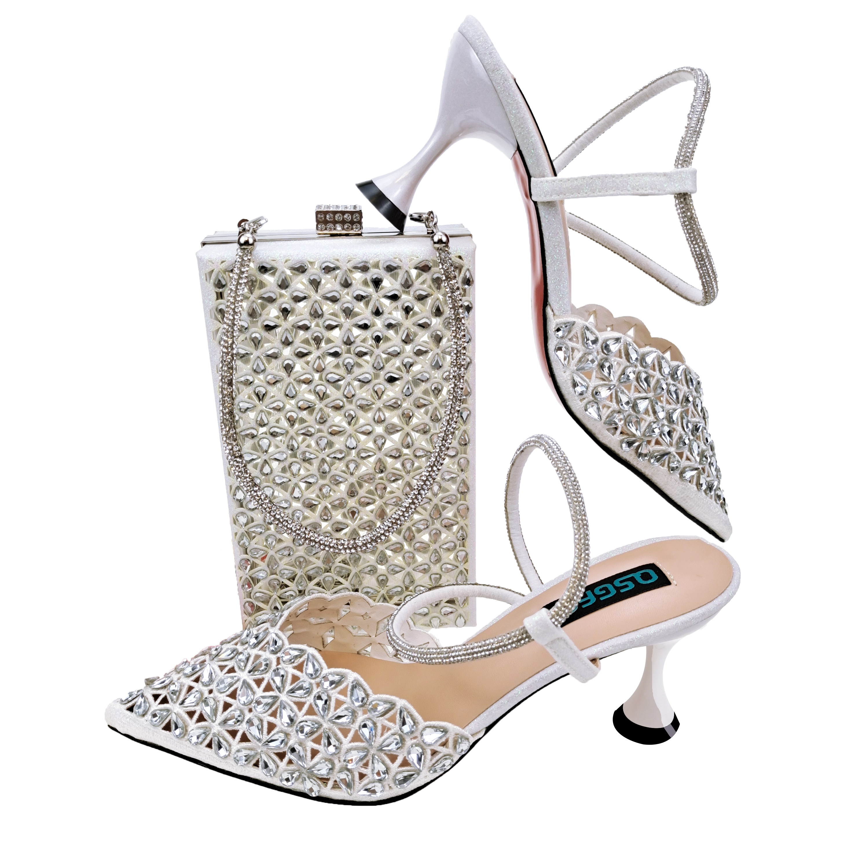 Italy Design Fully With Hollow Design, Rhinestones Embellished With Pointed Toe Heels, Women's Sandals And Bag Set