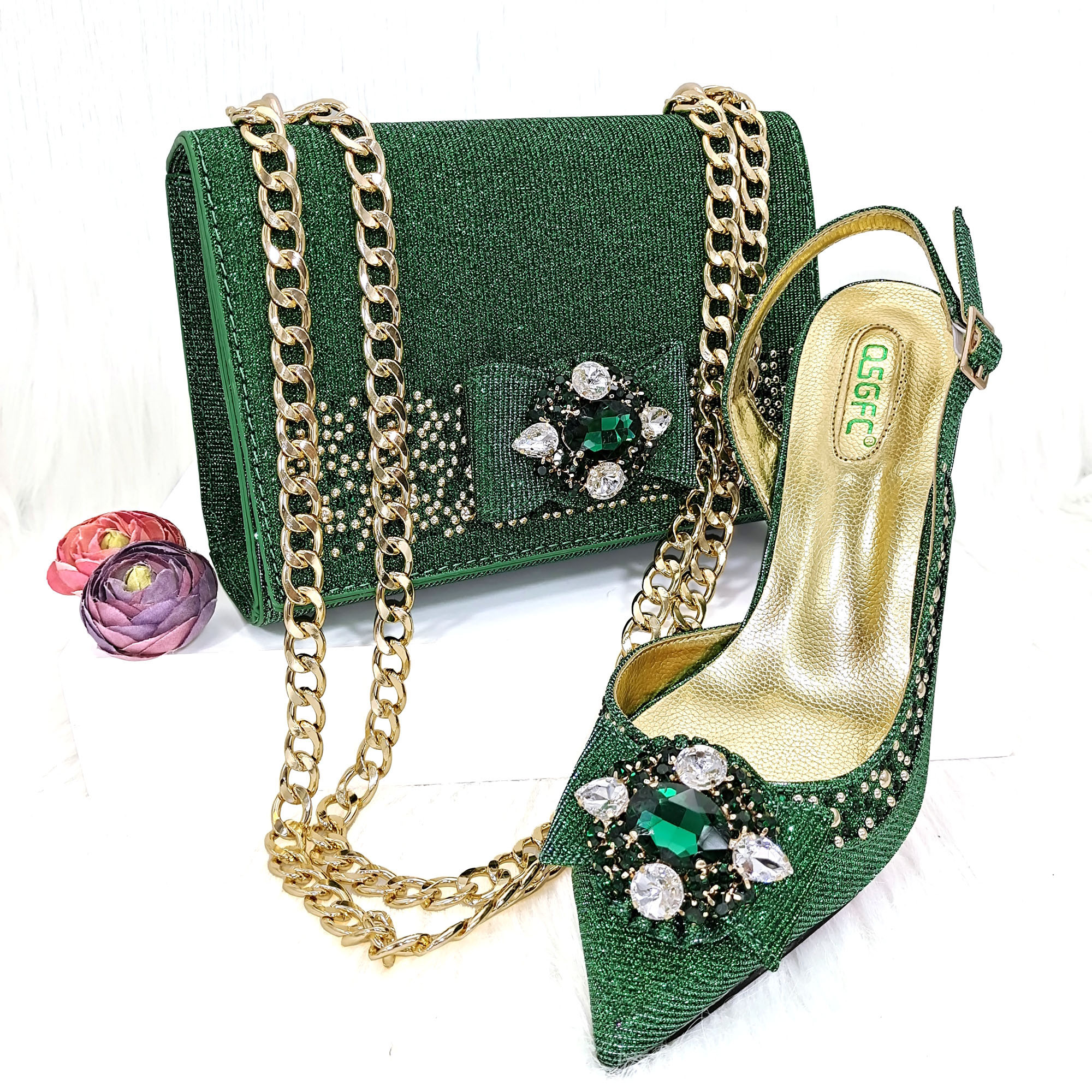 Italian Design Noble Dual-Purpose Three-Dimensional Bag And Ladies Heel Shoes Shiny Material For Nigeria Wedding Party