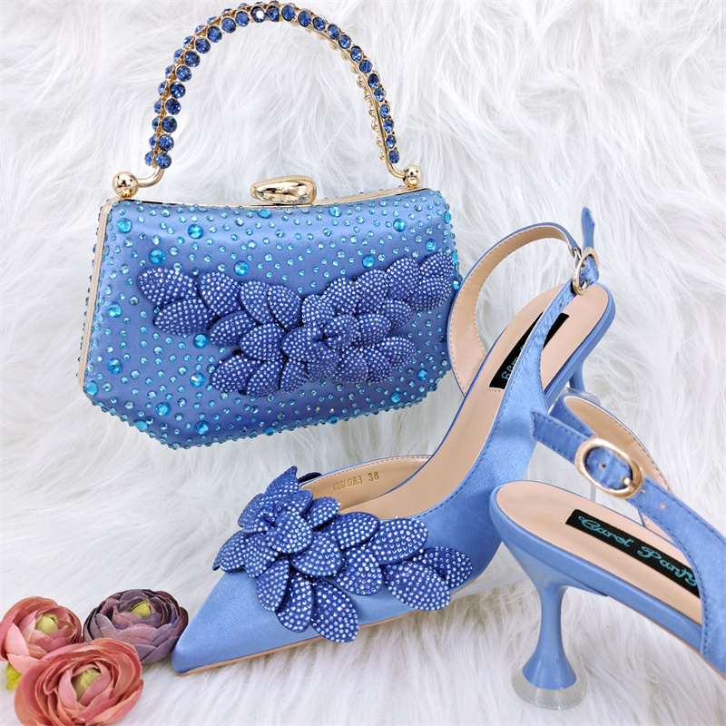 High Heels for Lady Good sell Luxury Designer Sky blue Color Full Diamond Pointed Toe Wedding Women Shoe and Bag Set for Party