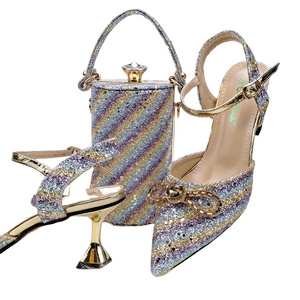 Italian Design Stylish Pointed Toe Heels, Crystal Sequins And Bow Stripe Design, Elegant Ladies' Sandals And Bag Set