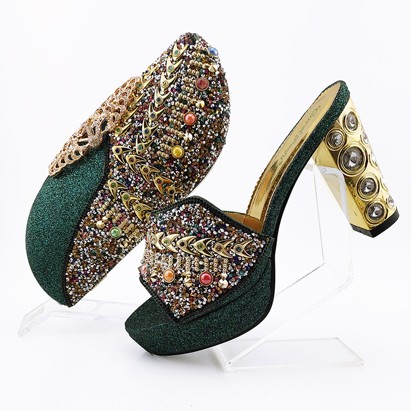 New Arrival Hot Selling Green Color Crystal Italian Design Elegant Noble Style Ladies Shoes and Bag Set for Party