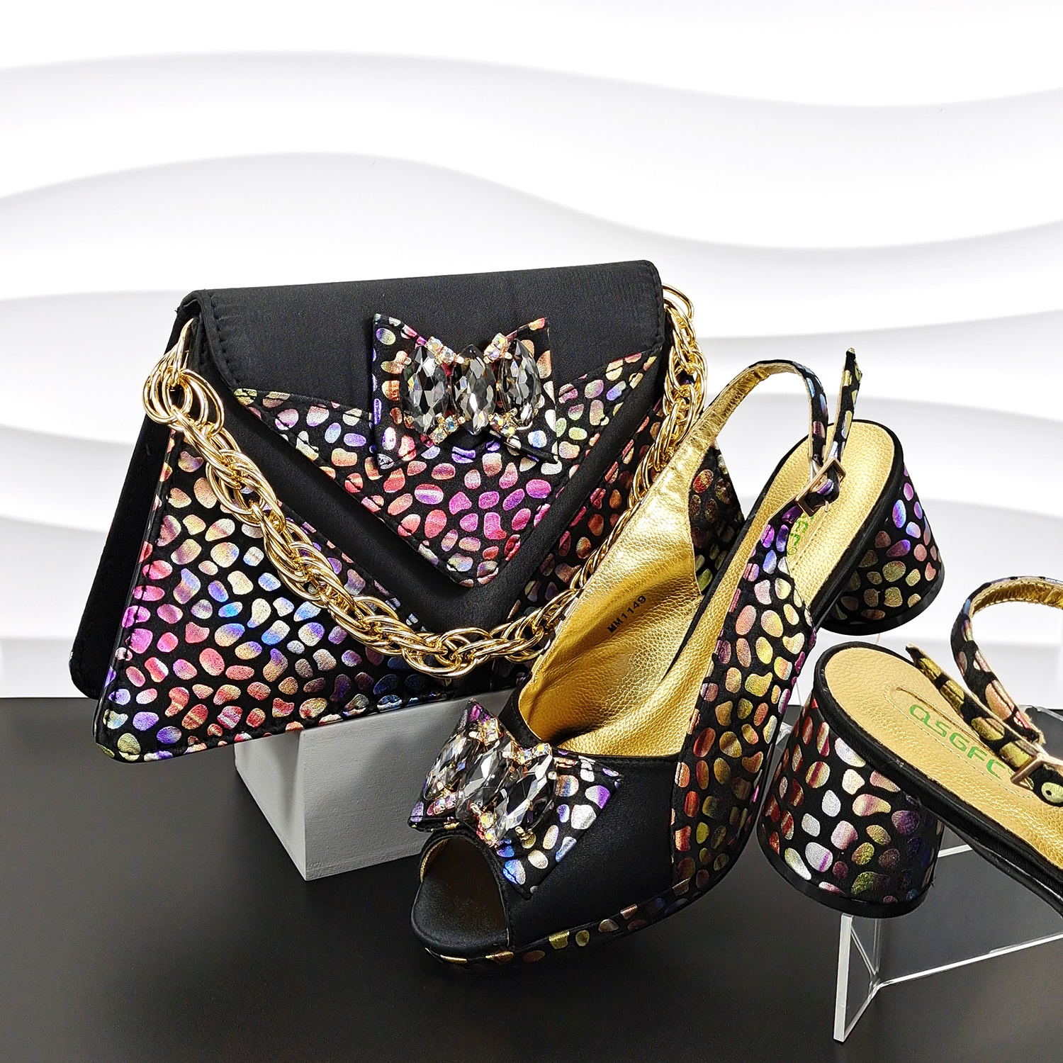 2024 New Rainbow Spots Design Style Elegant Satin Open-toe High Heels With The Same Exquisite Clutch Bag Set