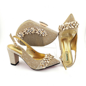 Hot Selling Nigerian Elastic Elegant Luxury High Quality Design Cut Crystal Embellished Women's Shoes and Clutch Bag