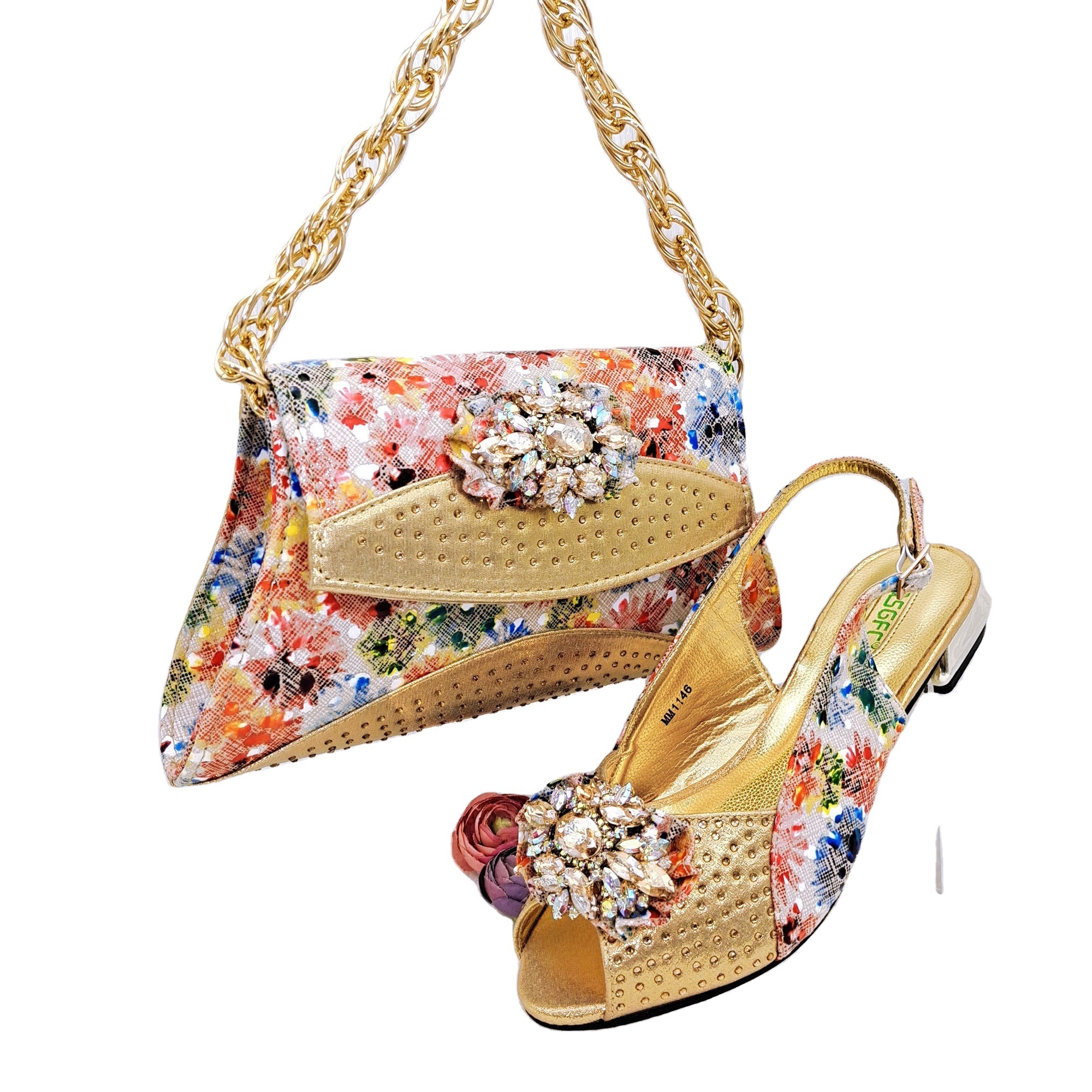 2024 New Stitching Design Flash Diamond Decoration Mature Women's Bag With Nigerian Comfortable Shoes in Gold Color