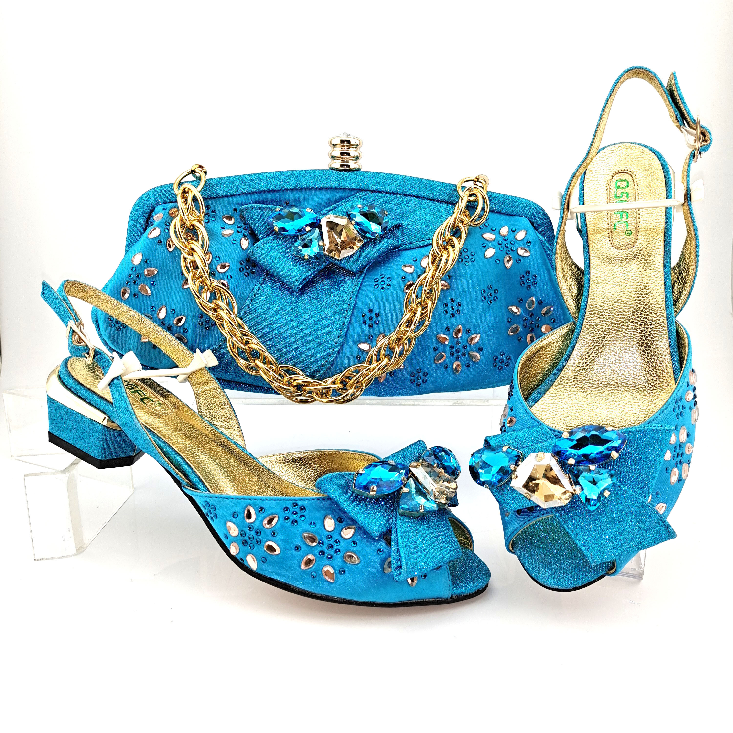 Nigerian Hot Selling Low Heel Geometric Rhinestone decoration Style Sky Blue Lady Shoes and Bag in Party Wedding