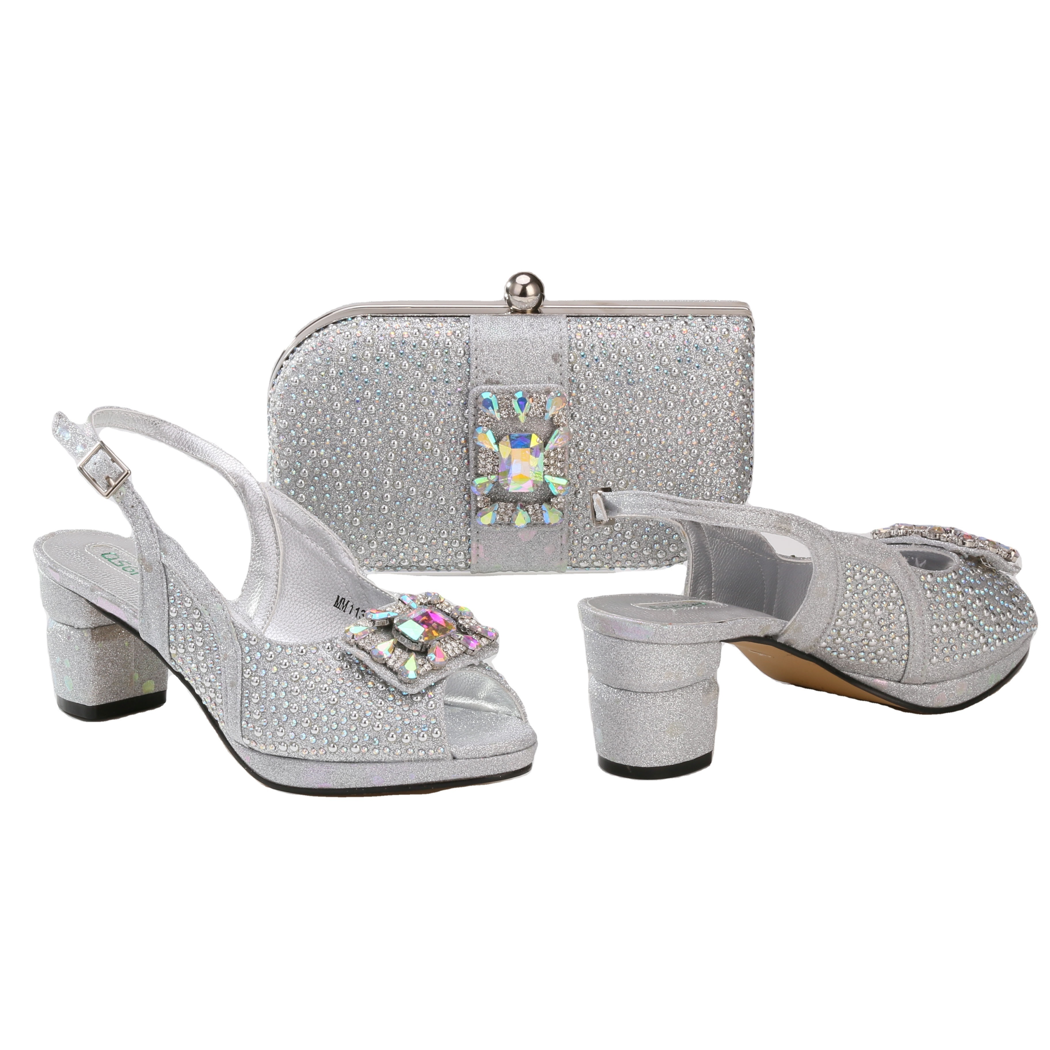 QSGFC Italian Design Latest Stylish Elegant Ladies Party Wedding Sandals And Bag Set Featuring Rhinestone-Embellished Heels