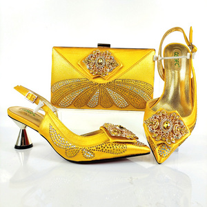 New High Heels Italian design with Stripes Pattern Floral lady shoes and bag with rhinestone decoration in party wedding