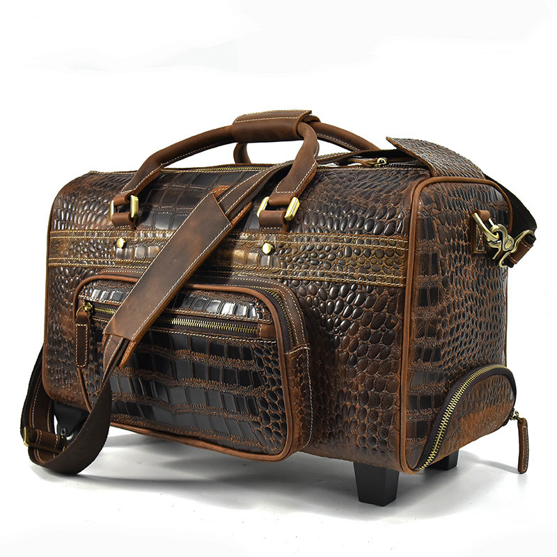 OEM/ODM Extra Large Luxury Brown Duffel Bags Crocodile Pattern Genuine Leather Travel Weekender Overnight Carry On Holdall Bag