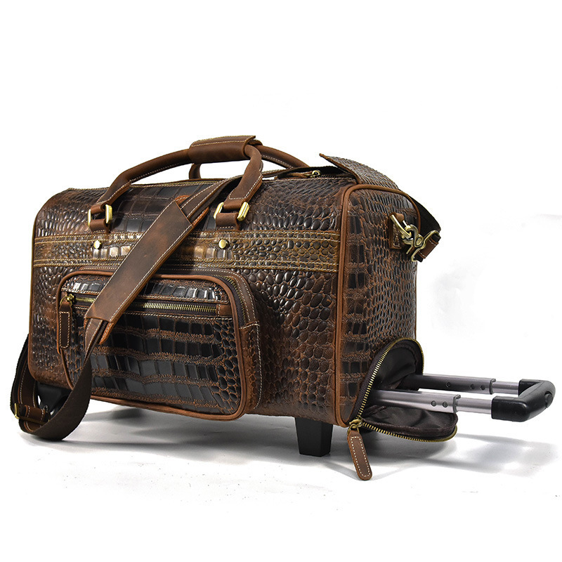 OEM/ODM Extra Large Luxury Brown Duffel Bags Crocodile Pattern Genuine Leather Travel Weekender Overnight Carry On Holdall Bag