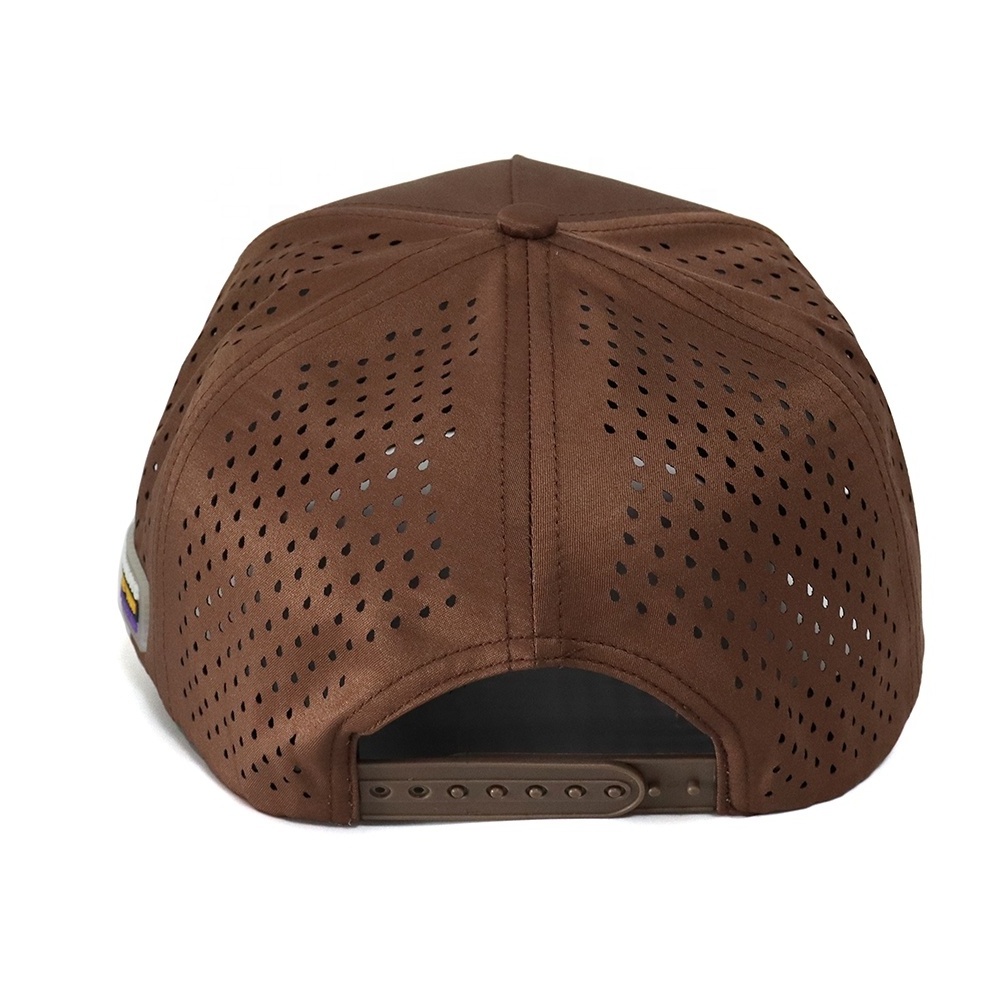 Custom 5 Panel Rubber Logo Rope Baseball Cap,Laser Cut Drilled Hole Perforated Hat,Curved Brim brown trucker Hat