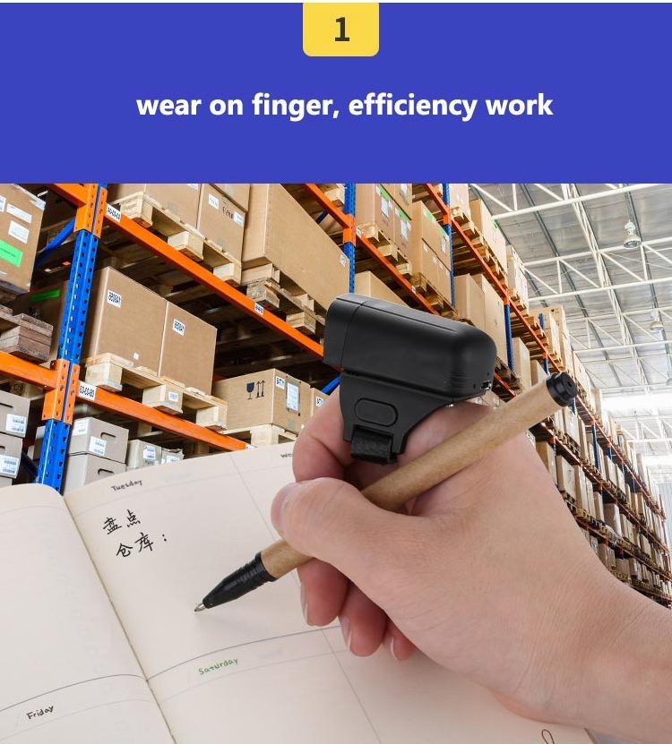 Portable Mini 2d Barcode Scanner Wireless BT Finger Barcode Reader For Warehouse Management