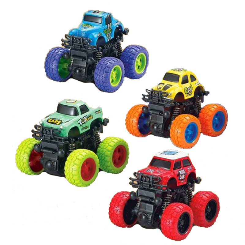 QS Hot Selling Kids Racing Metal Friction Stunt Cross-country Big Wheel Model Car 4 Colors Double Inertia Die Cast Vehicle Toys