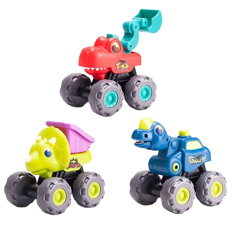 QS Lovely Shape Simulation Funny Cartoon Big Large Wheel Pull Back Friction Dinosaur Construction Truck Car Toys