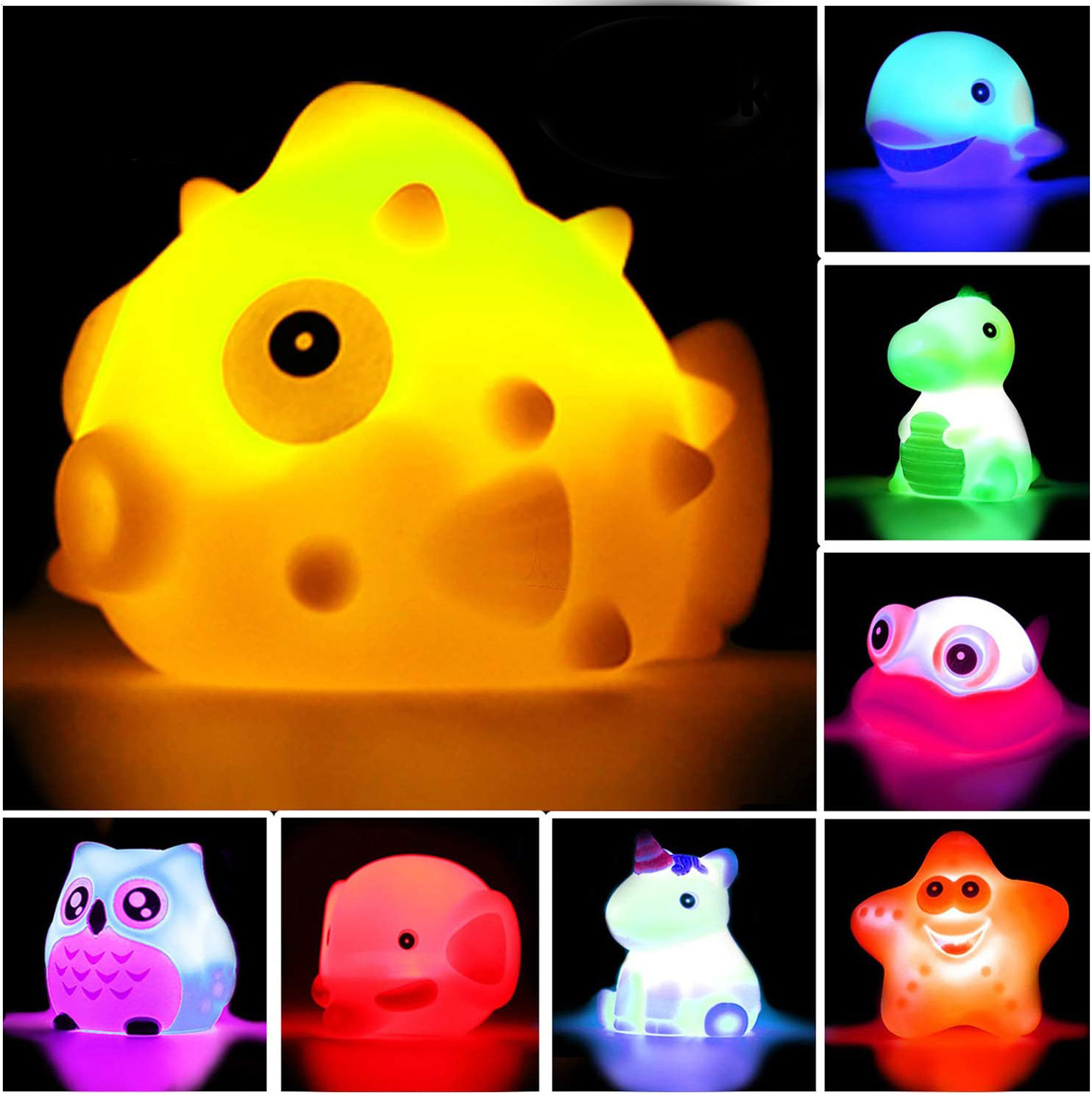 QS Light Up Bath Toys Bathtub Bathroom Shower Games Light Flashing Infants Fun Floating Water Rubber Animal Sensor Bath Toys