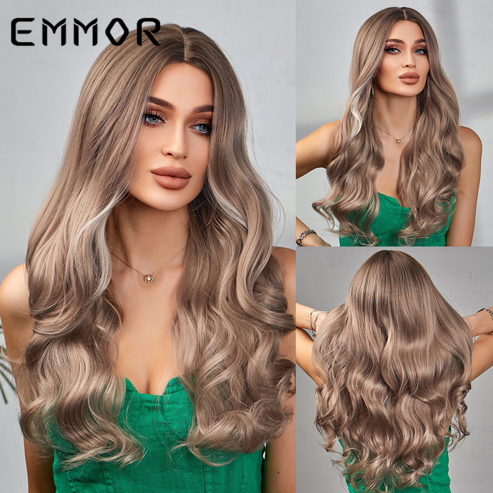 High Temperature Long Wave Hair Japanese Fiber Wig Heat Resistant Ombre Brown to Blonde Highlight Synthetic Wigs