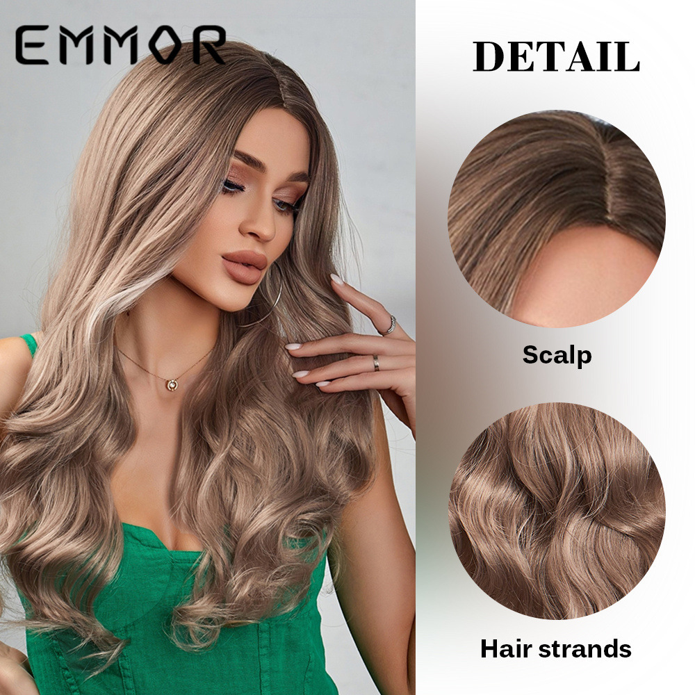 High Temperature Long Wave Hair Japanese Fiber Wig Heat Resistant Ombre Brown to Blonde Highlight Synthetic Wigs