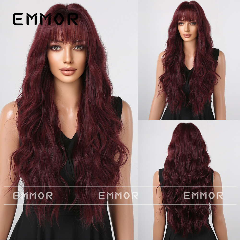 Long Red Brown Wigs Wine Red Cosplay Synthetic Wavy Hairs for Women With Bangs Daily Party Heat Resistant Wave Wig