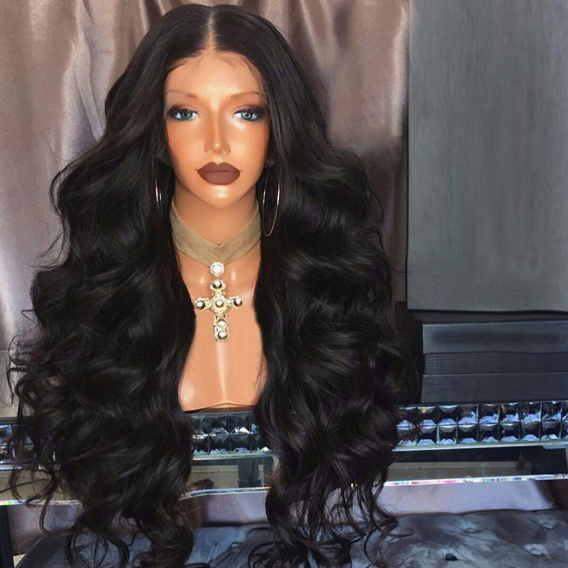 High Quality High Temperature Fiber Synthetic Luxury 13x4 Lace Frontal Wig Black Color Body Wave Wig