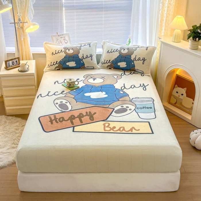 3D cartoon design bed linen fitted sheet comfortable 3pc milk fleece mattress protector hugging bear bedspread set