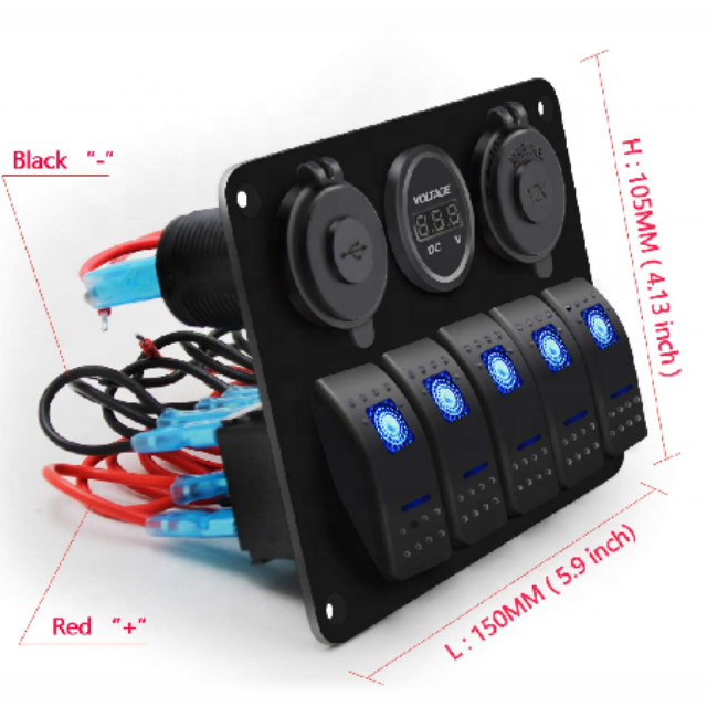 5 GANG ROCKER SWITCH PANEL with Dual USB Slot Socket 3.1A + Volt Meter