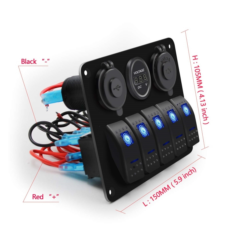 QSZEN Waterproof Marine Boat Aluminum 5 Gang Rocker Switch Panel  with Blue Backlight Dual USB Slot Socket 3.1A