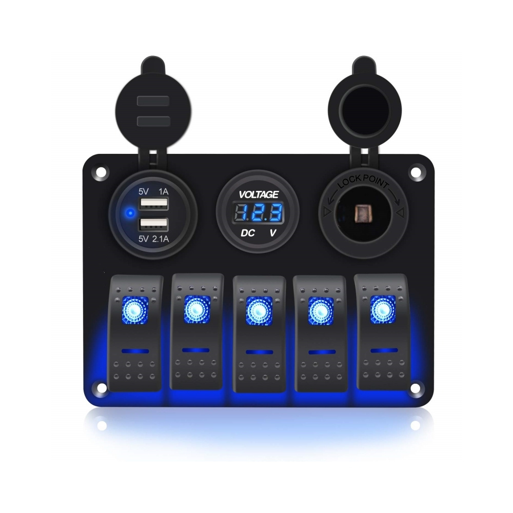 QSZEN Waterproof Marine Boat Aluminum 5 Gang Rocker Switch Panel  with Blue Backlight Dual USB Slot Socket 3.1A