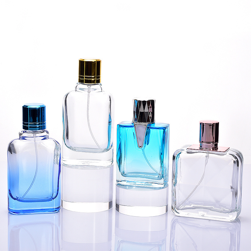 Glass flat square perfume bottle dark blue gradient color perfume spray thick bottomed separate bottle