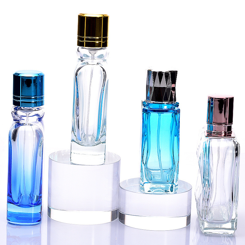 Glass flat square perfume bottle dark blue gradient color perfume spray thick bottomed separate bottle