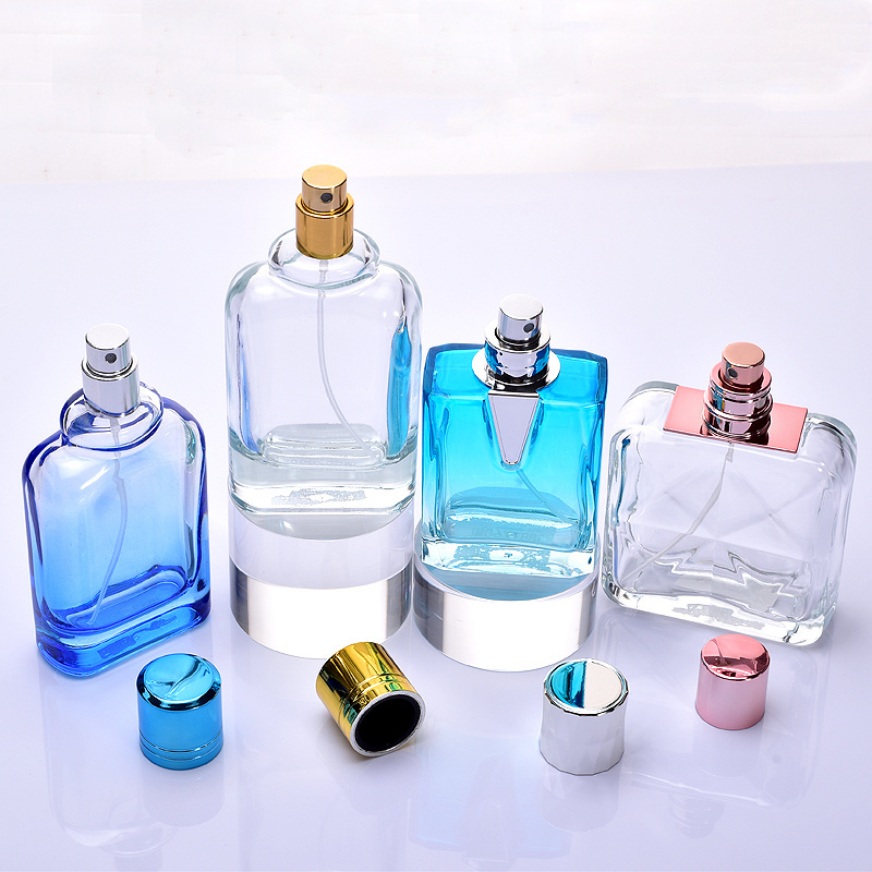 Glass flat square perfume bottle dark blue gradient color perfume spray thick bottomed separate bottle