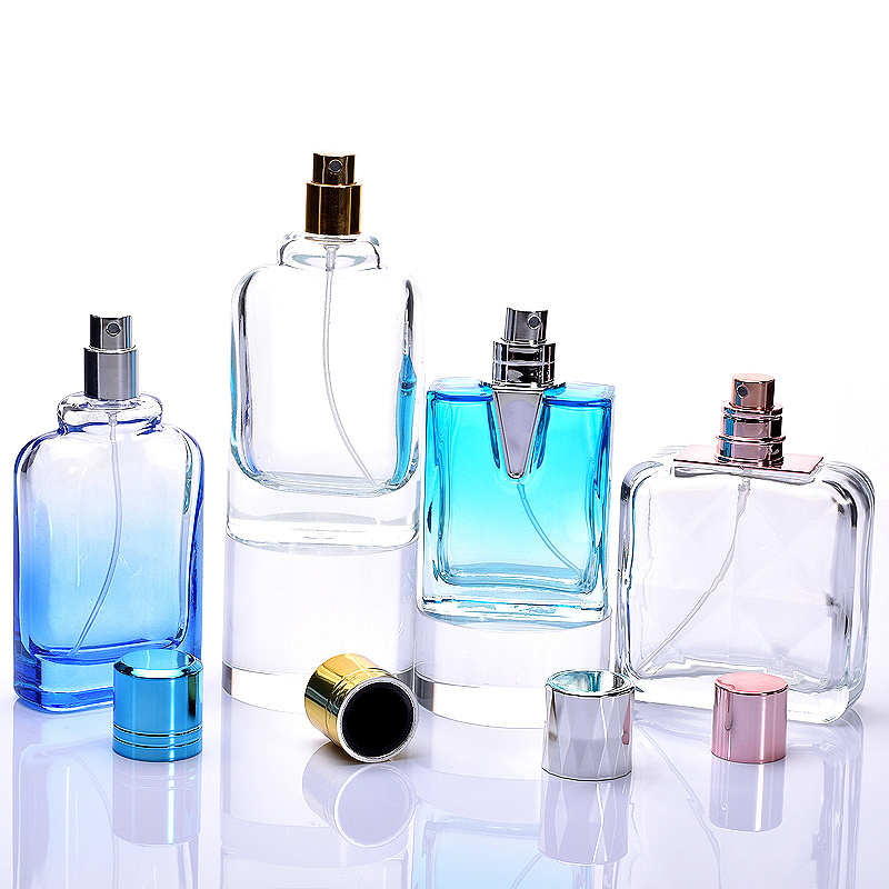 Glass flat square perfume bottle dark blue gradient color perfume spray thick bottomed separate bottle