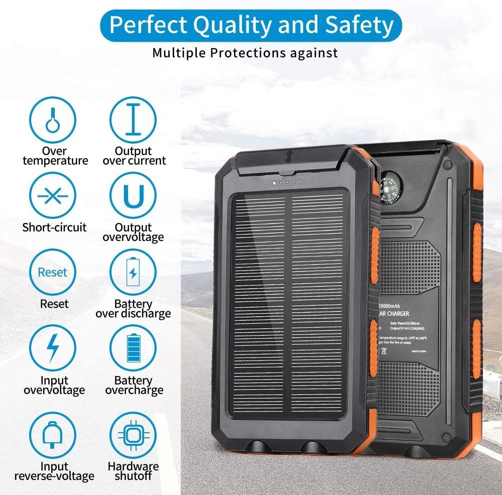 Portable wireless solar panel power bank 20000mah waterproof 10W fast charger travel powerbank led solar power bank