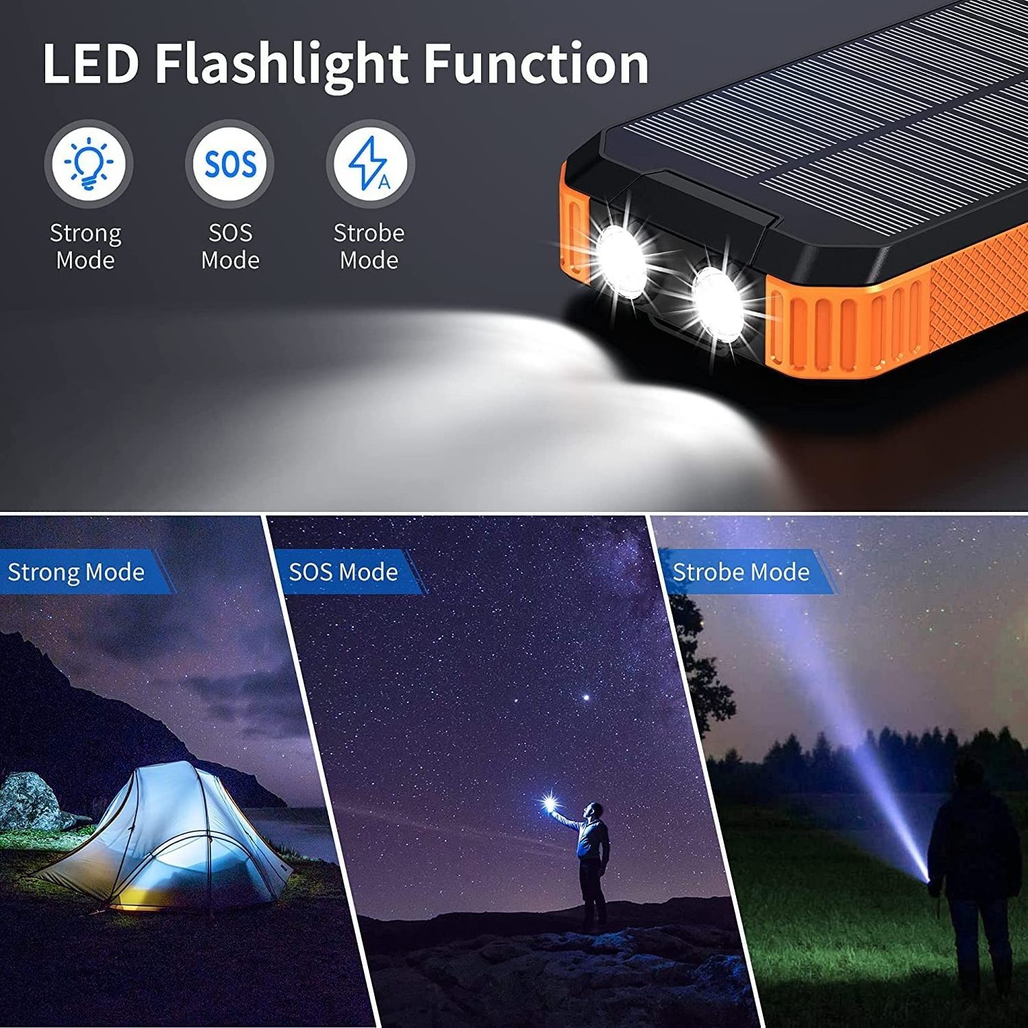 Waterproof 30000mah qc3.0 External Battery Pack Type C Input Output Dual Super Bright Flash portable solar charger power bank