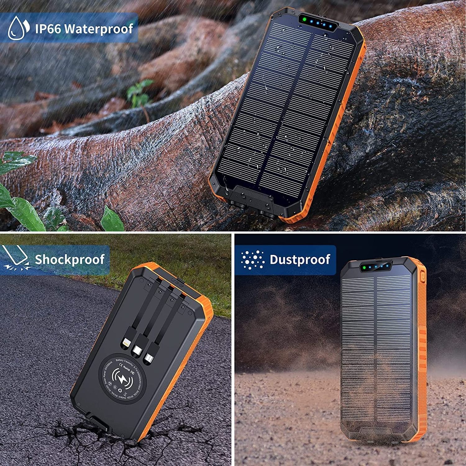 Waterproof 30000mah qc3.0 External Battery Pack Type C Input Output Dual Super Bright Flash portable solar charger power bank