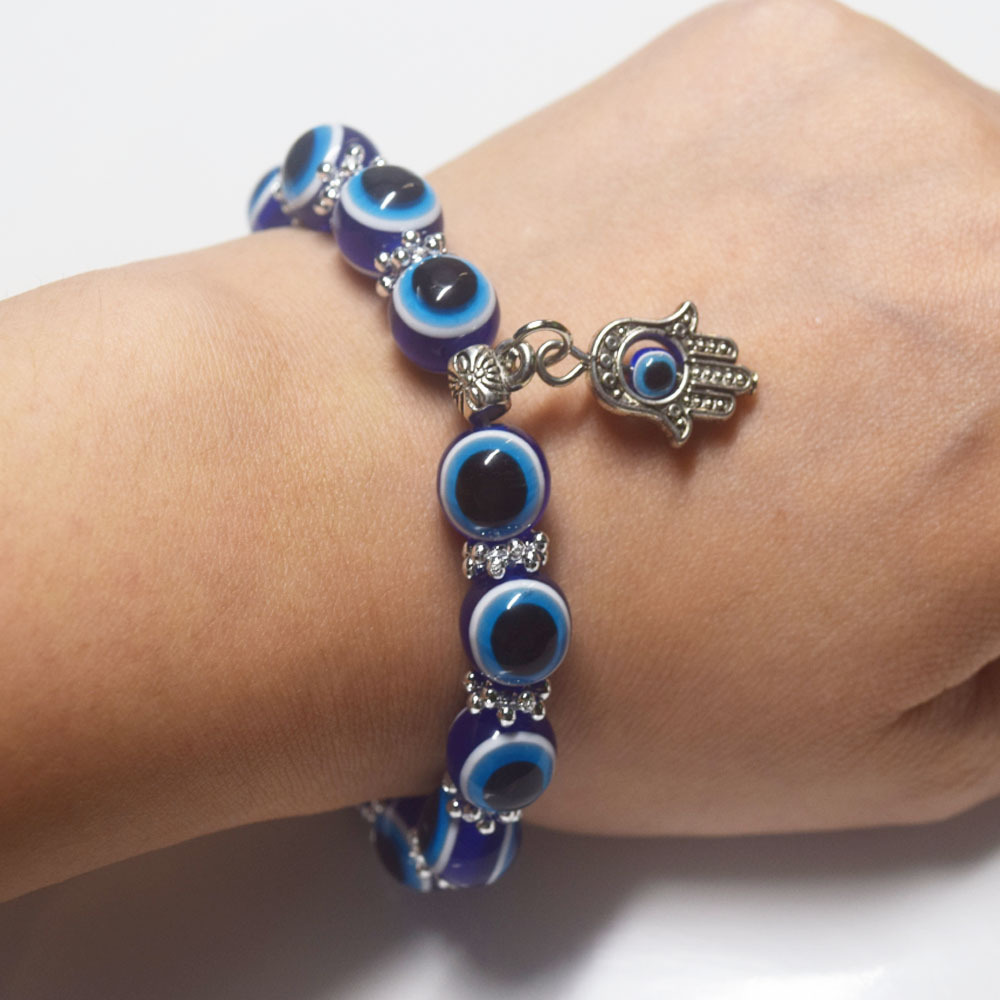 handmade cheap fashion women lucky turkish blue d-evil eye beads beaded bracelet jewelry elastic cord bracelets